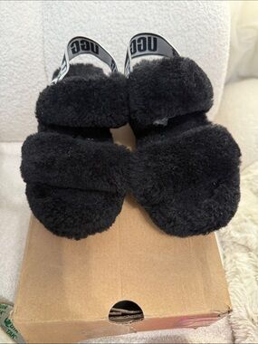 UGG Kids Black Fluff Slide Sandals with Logo Strap